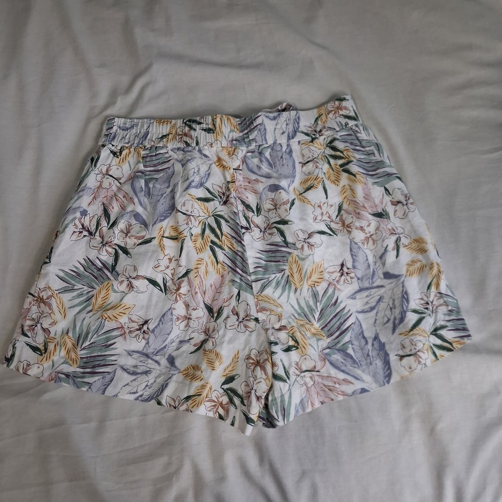 C&C California Tropical‎ Floral Linen Blend Shorts High Waist Tie Belt White 10 - Picture 2 of 12
